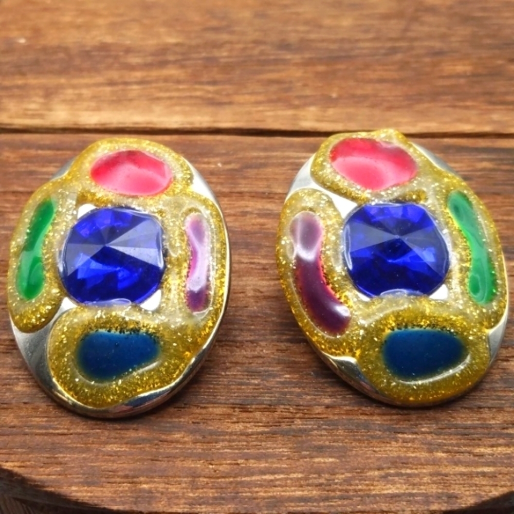 Fabulous colorful sapphire pallet earrings vintage 1980 E706